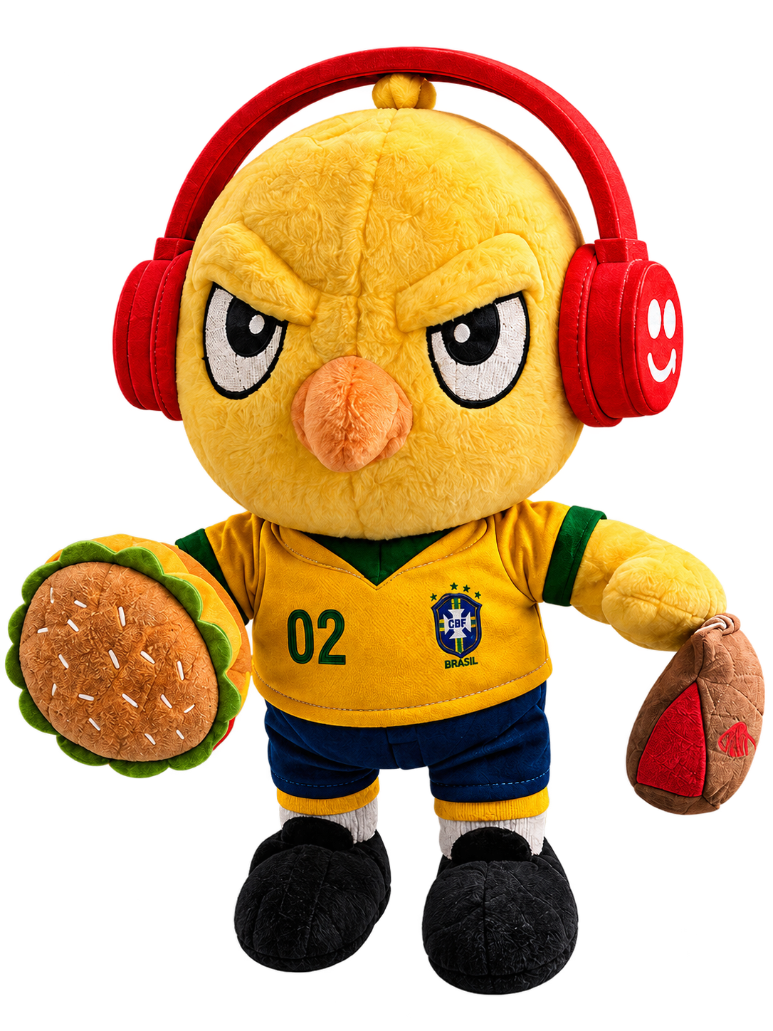 Canarinho 02 com fone rígido vermelho e alimentos de pelúcia
