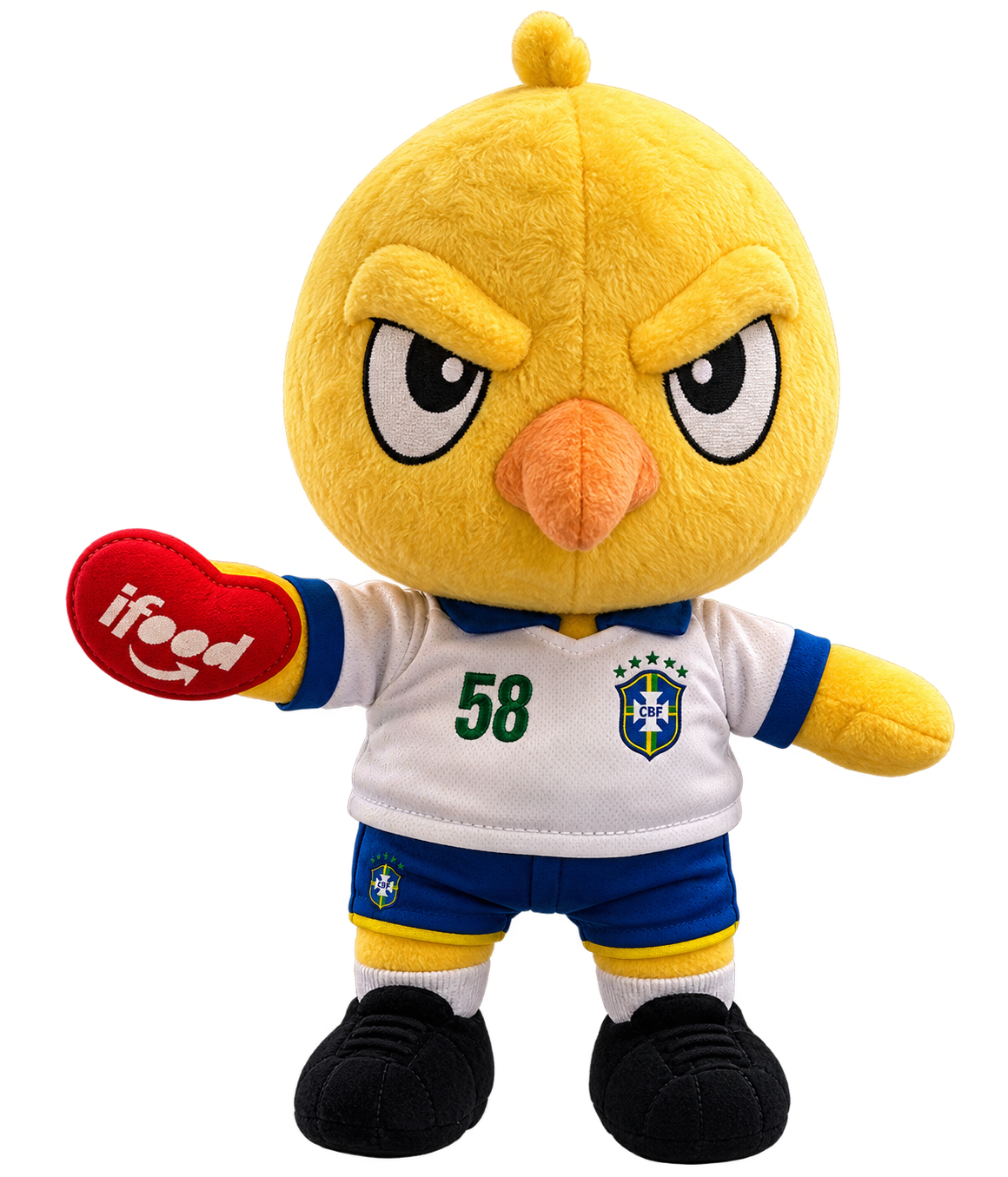 Canarinho 58 com uniforme branco e luva vermelha do iFood
