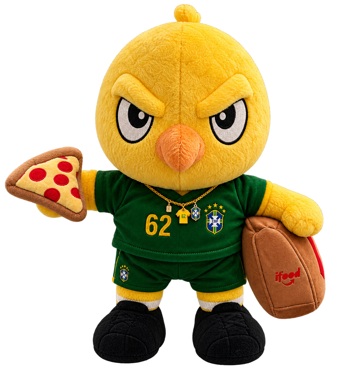 Canarinho 62 com colar pequeno, três pingentes, pizza e bag do iFood