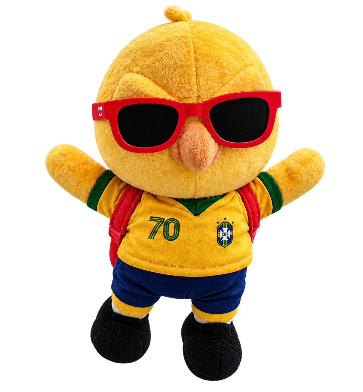 Canarinho 70 com óculos rígidos vermelhos e mochila