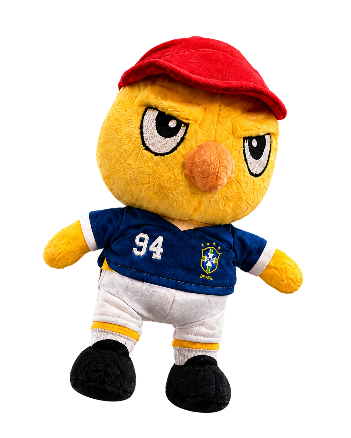 Canarinho 94 com uniforme azul e boné vermelho do iFood