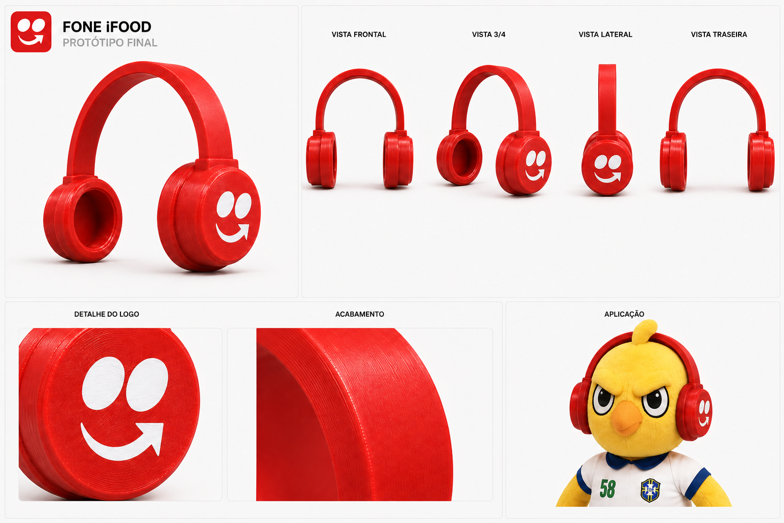 Prancha simplificada do fone rígido final, com quatro vistas, logo lateral, acabamento e aplicação no Canarinho