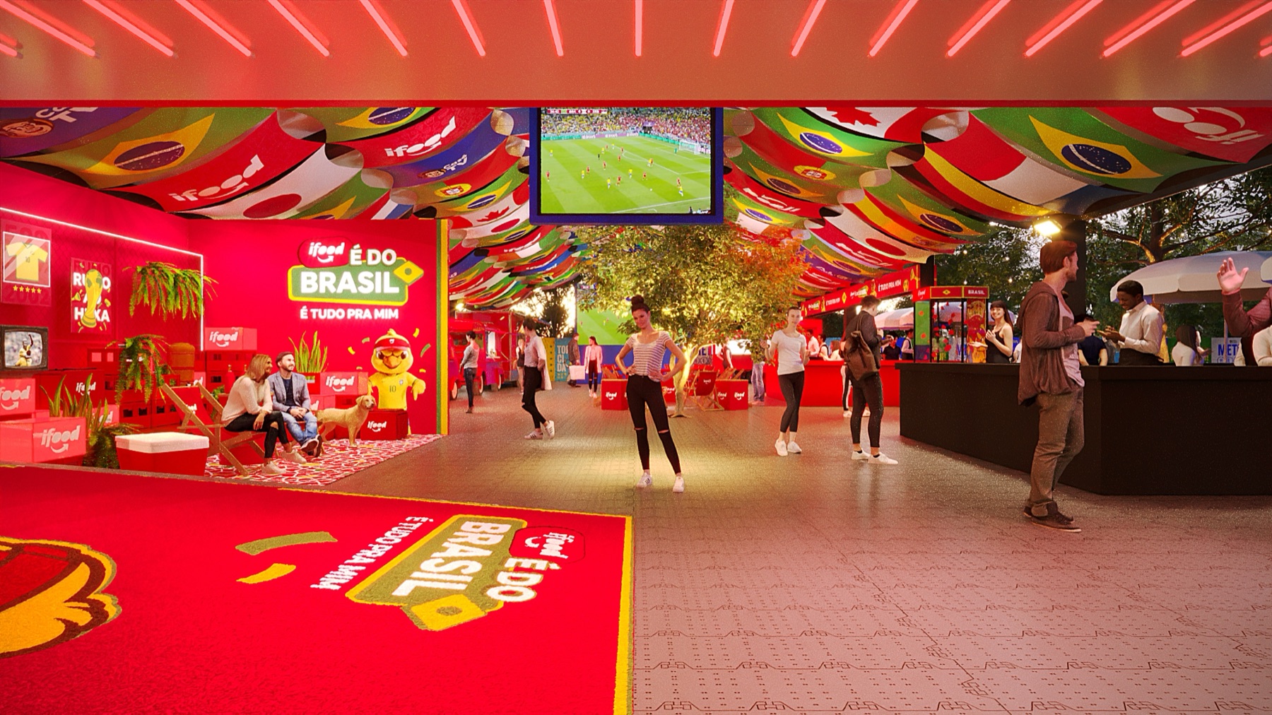 Render de processo com a visão geral do iFood Park, sua cenografia vermelha, piso e cobertura gráfica