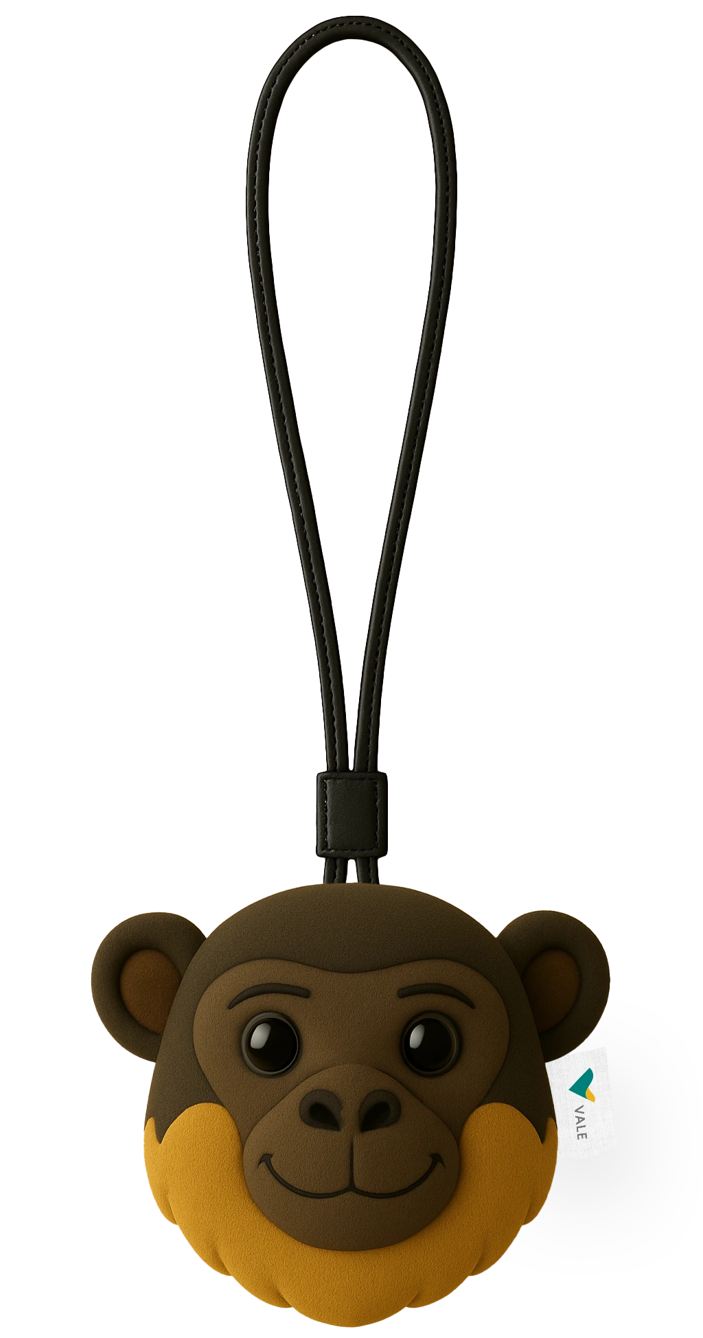 Mockup 3D do bag charm de macaco zogue-zogue, com alça preta e etiqueta Vale