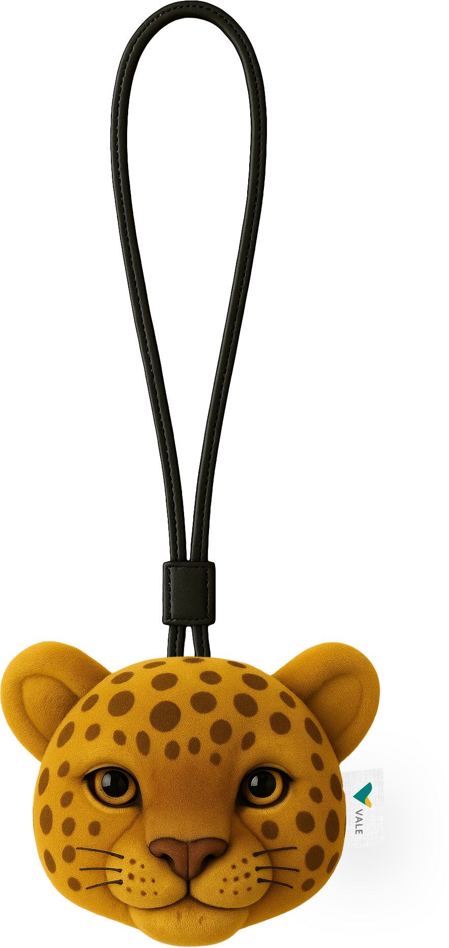 Mockup 3D do bag charm de onça-pintada, com pintas, alça preta e etiqueta Vale
