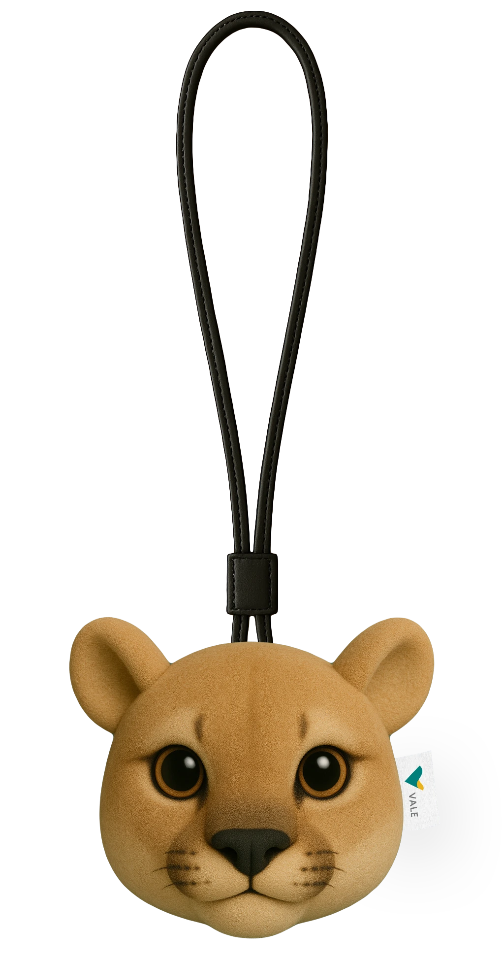 Mockup 3D do bag charm de suçuarana, com alça preta e etiqueta Vale