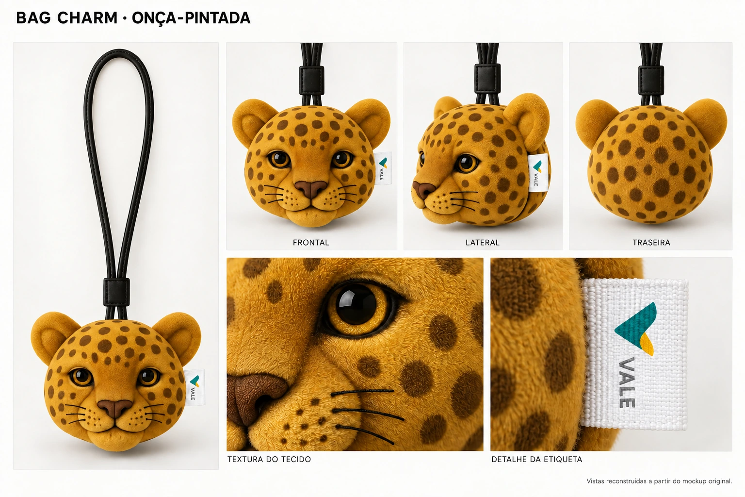 Prancha da onça-pintada com vistas frontal, lateral e traseira, além de closes da textura da pelúcia e da etiqueta Vale